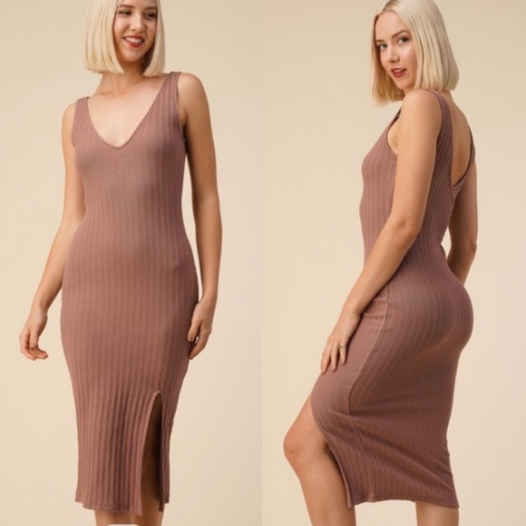Heart and Hips Dress Womens Large Brown Front Split Midi Bodycon Ladies - Picture 1 of 6